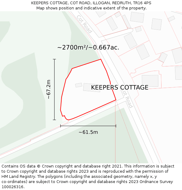 KEEPERS COTTAGE, COT ROAD, ILLOGAN, REDRUTH, TR16 4PS: Plot and title map