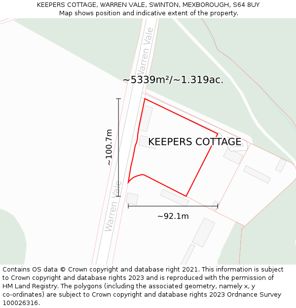 KEEPERS COTTAGE, WARREN VALE, SWINTON, MEXBOROUGH, S64 8UY: Plot and title map