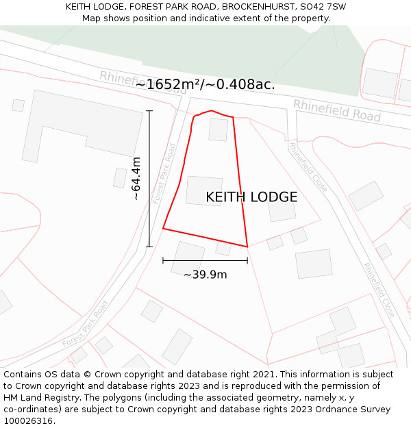 KEITH LODGE, FOREST PARK ROAD, BROCKENHURST, SO42 7SW: Plot and title map