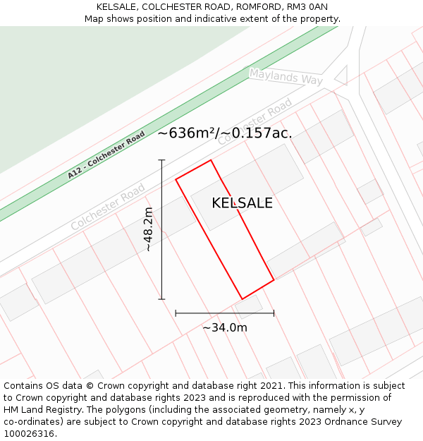KELSALE, COLCHESTER ROAD, ROMFORD, RM3 0AN: Plot and title map