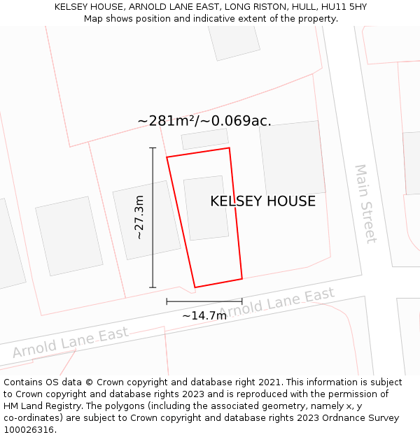 KELSEY HOUSE, ARNOLD LANE EAST, LONG RISTON, HULL, HU11 5HY: Plot and title map
