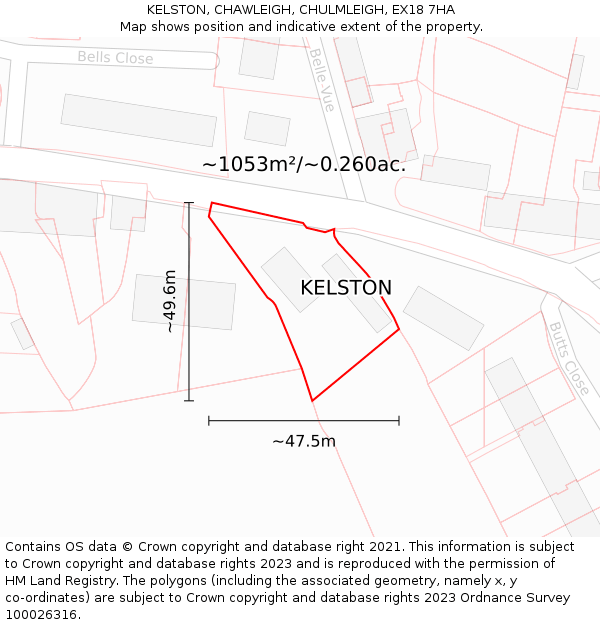 KELSTON, CHAWLEIGH, CHULMLEIGH, EX18 7HA: Plot and title map