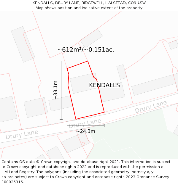 KENDALLS, DRURY LANE, RIDGEWELL, HALSTEAD, CO9 4SW: Plot and title map