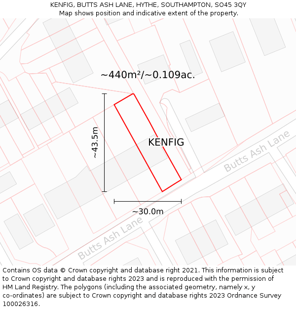 KENFIG, BUTTS ASH LANE, HYTHE, SOUTHAMPTON, SO45 3QY: Plot and title map