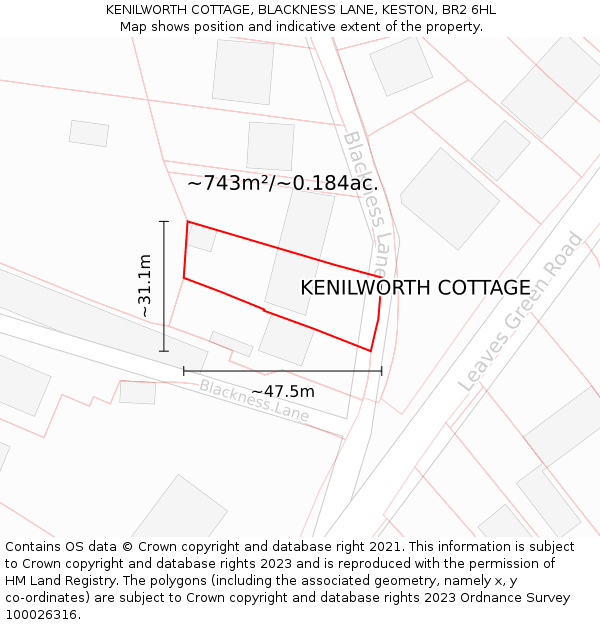 KENILWORTH COTTAGE, BLACKNESS LANE, KESTON, BR2 6HL: Plot and title map