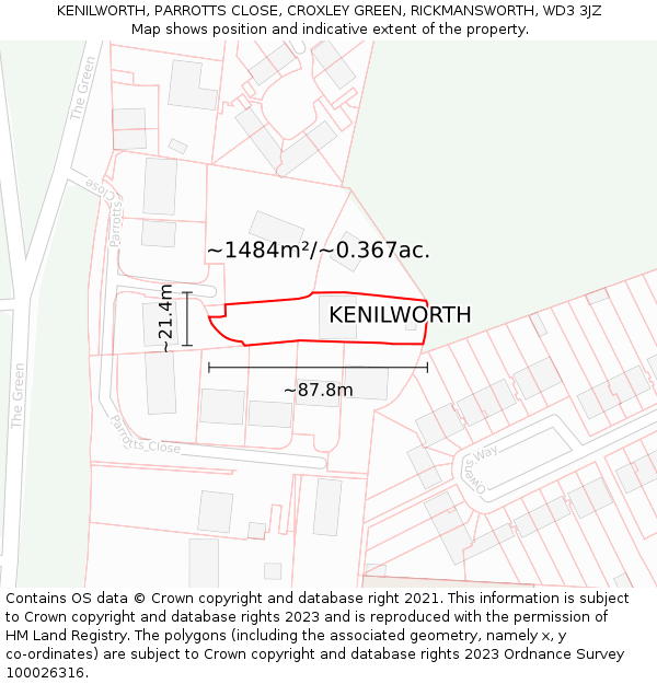 KENILWORTH, PARROTTS CLOSE, CROXLEY GREEN, RICKMANSWORTH, WD3 3JZ: Plot and title map