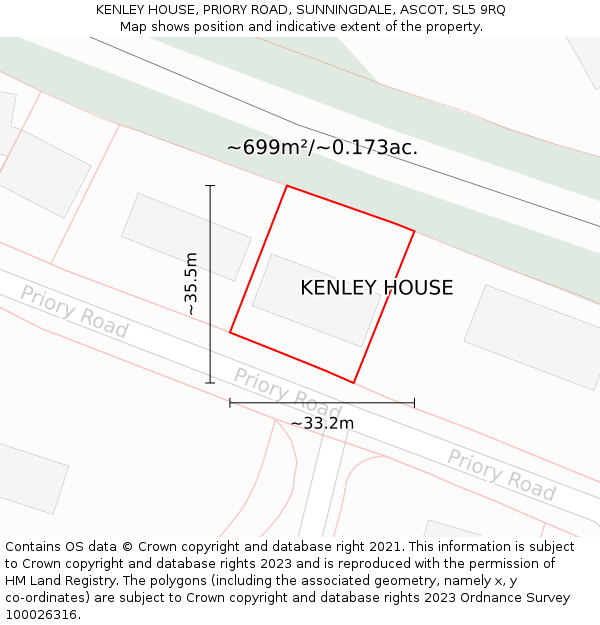 KENLEY HOUSE, PRIORY ROAD, SUNNINGDALE, ASCOT, SL5 9RQ: Plot and title map