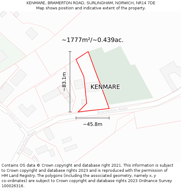 KENMARE, BRAMERTON ROAD, SURLINGHAM, NORWICH, NR14 7DE: Plot and title map