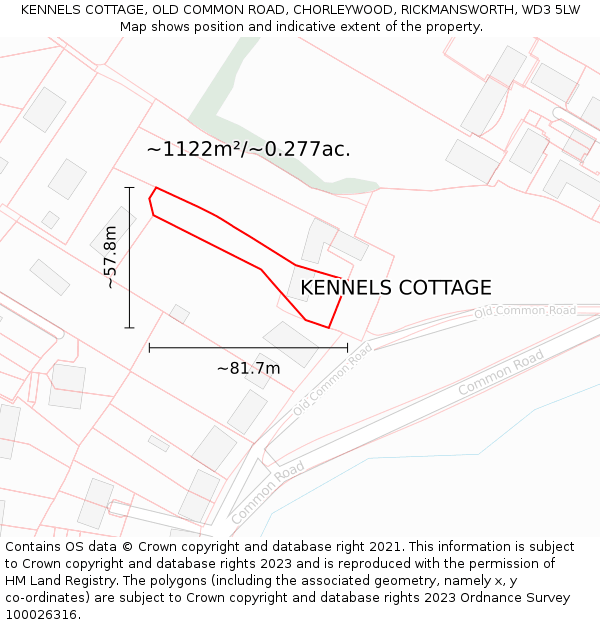 KENNELS COTTAGE, OLD COMMON ROAD, CHORLEYWOOD, RICKMANSWORTH, WD3 5LW: Plot and title map