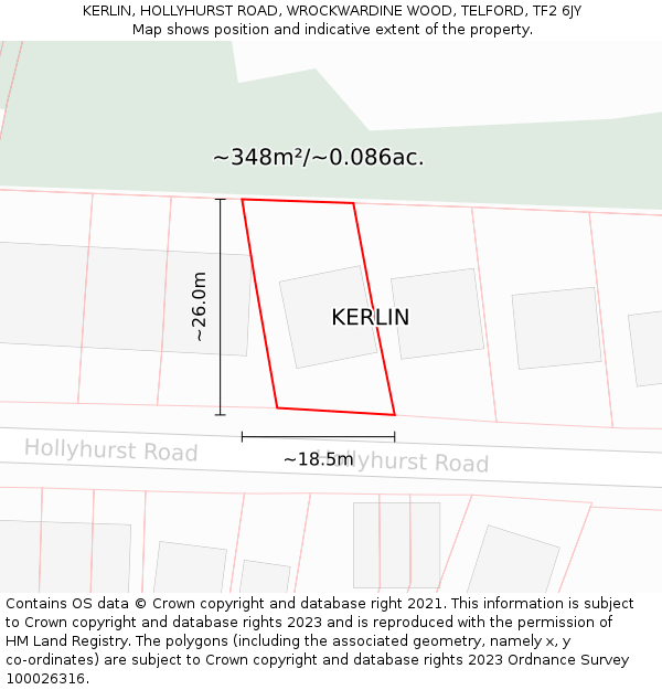 KERLIN, HOLLYHURST ROAD, WROCKWARDINE WOOD, TELFORD, TF2 6JY: Plot and title map