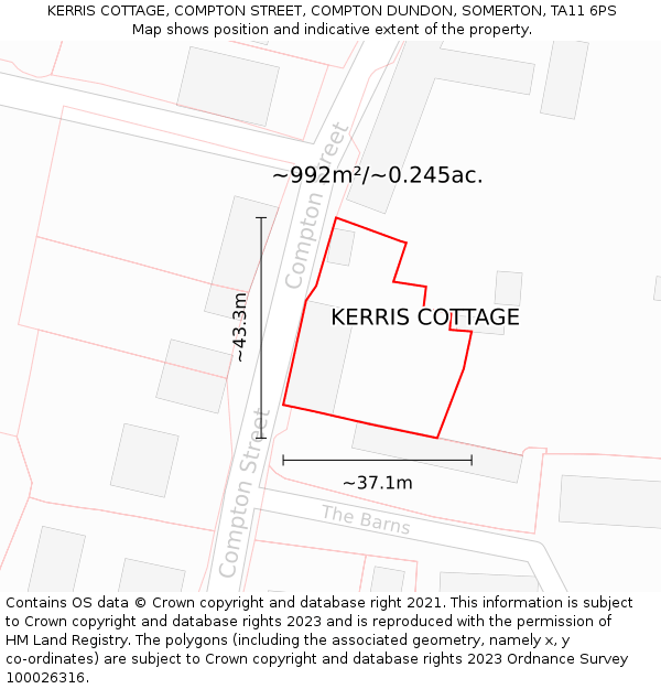 KERRIS COTTAGE, COMPTON STREET, COMPTON DUNDON, SOMERTON, TA11 6PS: Plot and title map