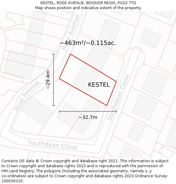 KESTEL, ROSE AVENUE, BOGNOR REGIS, PO22 7TG: Plot and title map