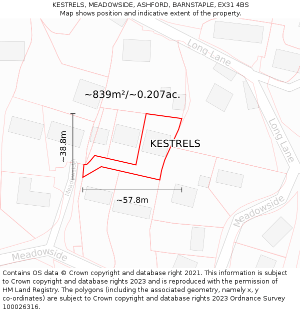 KESTRELS, MEADOWSIDE, ASHFORD, BARNSTAPLE, EX31 4BS: Plot and title map