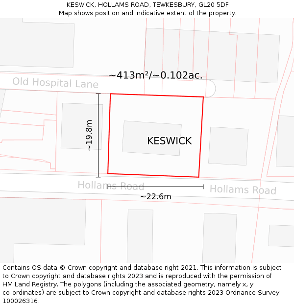 KESWICK, HOLLAMS ROAD, TEWKESBURY, GL20 5DF: Plot and title map