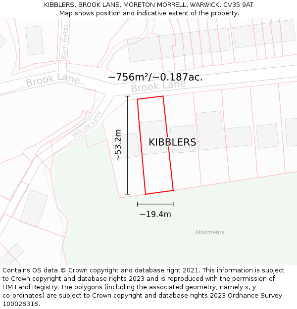 KIBBLERS, BROOK LANE, MORETON MORRELL, WARWICK, CV35 9AT: Plot and title map