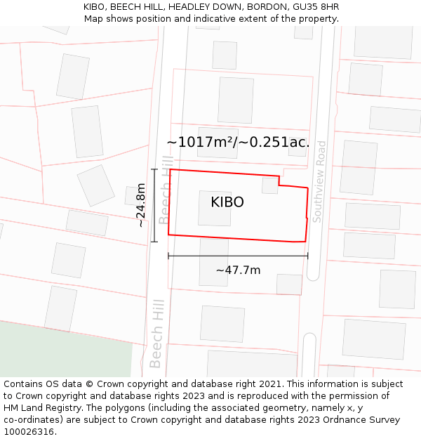 KIBO, BEECH HILL, HEADLEY DOWN, BORDON, GU35 8HR: Plot and title map