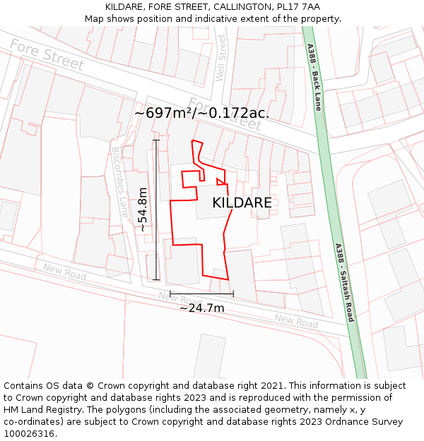 KILDARE, FORE STREET, CALLINGTON, PL17 7AA: Plot and title map