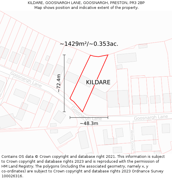 KILDARE, GOOSNARGH LANE, GOOSNARGH, PRESTON, PR3 2BP: Plot and title map