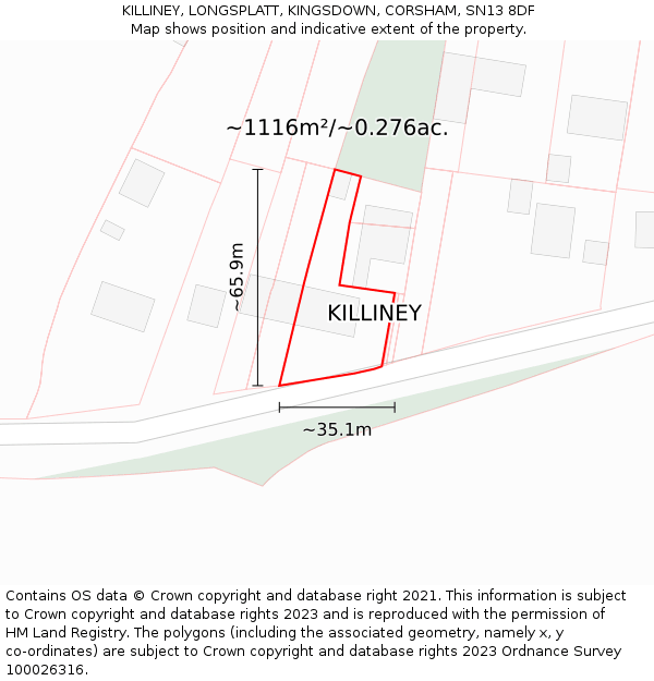 KILLINEY, LONGSPLATT, KINGSDOWN, CORSHAM, SN13 8DF: Plot and title map