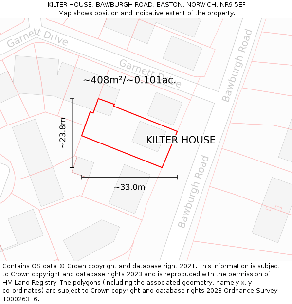 KILTER HOUSE, BAWBURGH ROAD, EASTON, NORWICH, NR9 5EF: Plot and title map