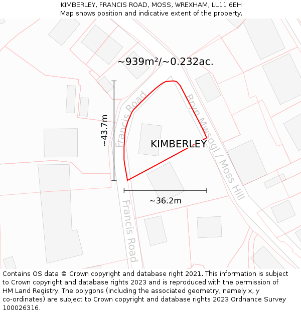 KIMBERLEY, FRANCIS ROAD, MOSS, WREXHAM, LL11 6EH: Plot and title map