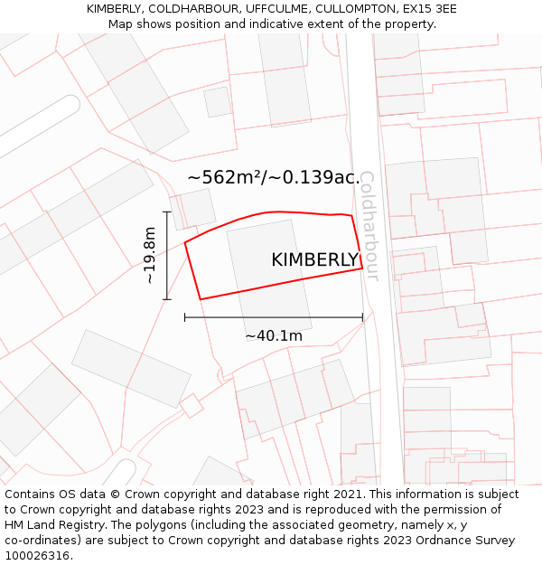 KIMBERLY, COLDHARBOUR, UFFCULME, CULLOMPTON, EX15 3EE: Plot and title map