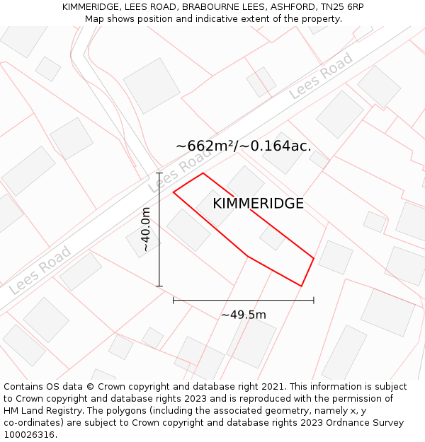 KIMMERIDGE, LEES ROAD, BRABOURNE LEES, ASHFORD, TN25 6RP: Plot and title map