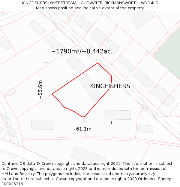 KINGFISHERS, OVERSTREAM, LOUDWATER, RICKMANSWORTH, WD3 4LD: Plot and title map