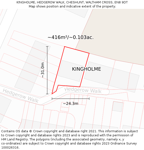 KINGHOLME, HEDGEROW WALK, CHESHUNT, WALTHAM CROSS, EN8 9DT: Plot and title map