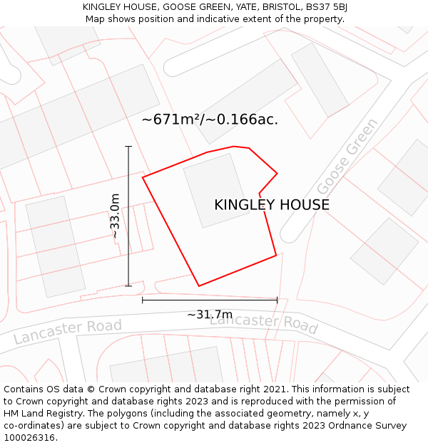 KINGLEY HOUSE, GOOSE GREEN, YATE, BRISTOL, BS37 5BJ: Plot and title map