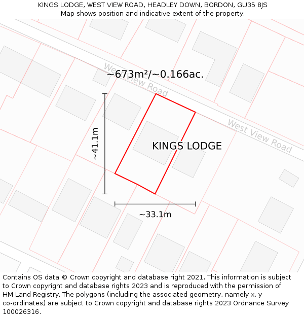 KINGS LODGE, WEST VIEW ROAD, HEADLEY DOWN, BORDON, GU35 8JS: Plot and title map
