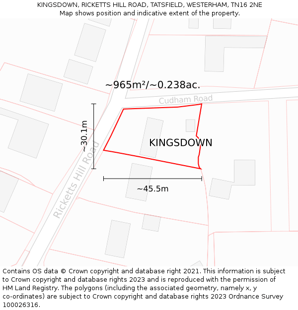 KINGSDOWN, RICKETTS HILL ROAD, TATSFIELD, WESTERHAM, TN16 2NE: Plot and title map