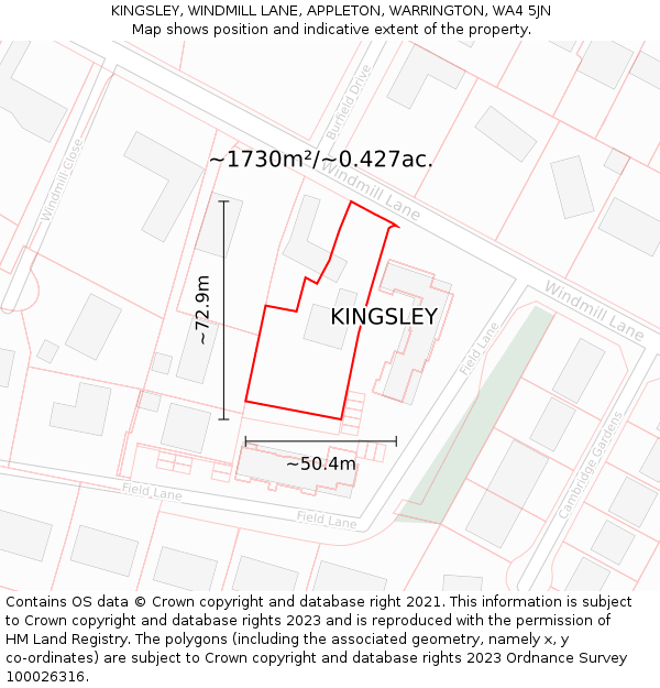 KINGSLEY, WINDMILL LANE, APPLETON, WARRINGTON, WA4 5JN: Plot and title map