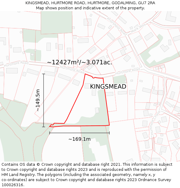 KINGSMEAD, HURTMORE ROAD, HURTMORE, GODALMING, GU7 2RA: Plot and title map
