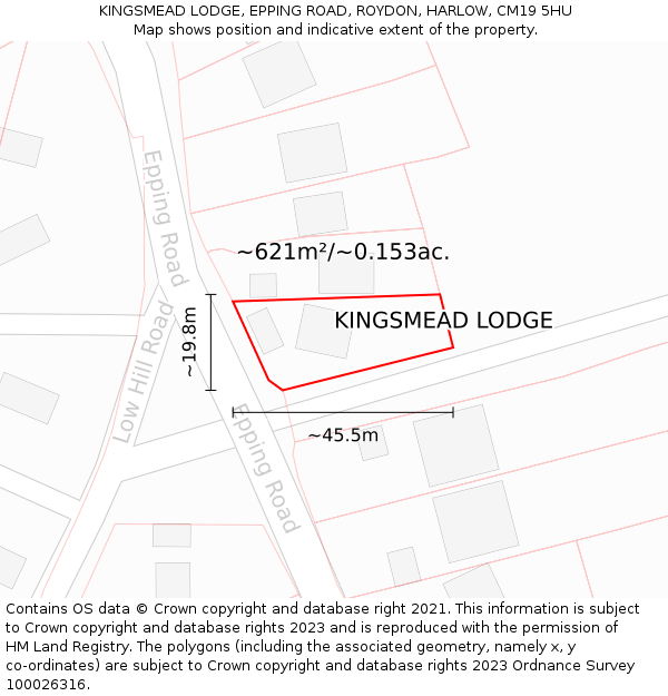 KINGSMEAD LODGE, EPPING ROAD, ROYDON, HARLOW, CM19 5HU: Plot and title map