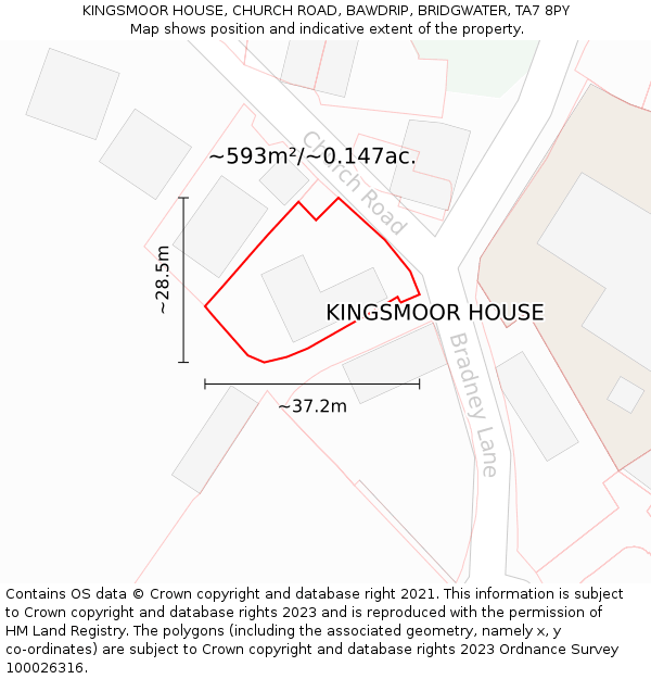 KINGSMOOR HOUSE, CHURCH ROAD, BAWDRIP, BRIDGWATER, TA7 8PY: Plot and title map