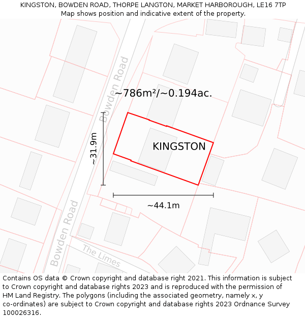 KINGSTON, BOWDEN ROAD, THORPE LANGTON, MARKET HARBOROUGH, LE16 7TP: Plot and title map