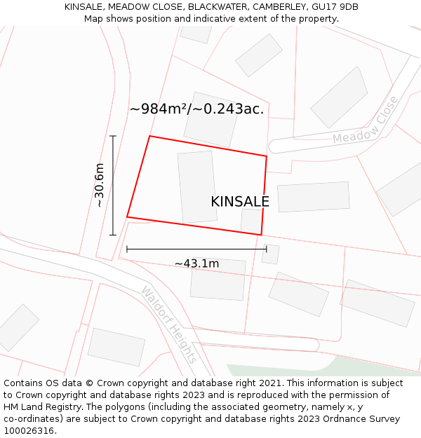 KINSALE, MEADOW CLOSE, BLACKWATER, CAMBERLEY, GU17 9DB: Plot and title map
