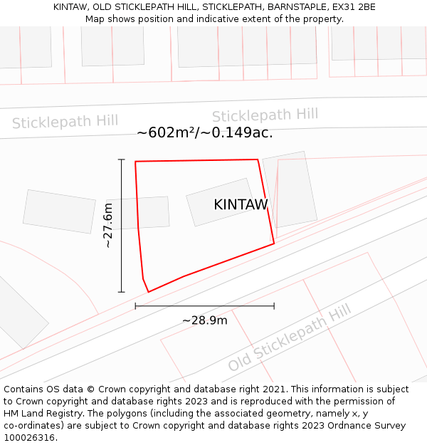 KINTAW, OLD STICKLEPATH HILL, STICKLEPATH, BARNSTAPLE, EX31 2BE: Plot and title map