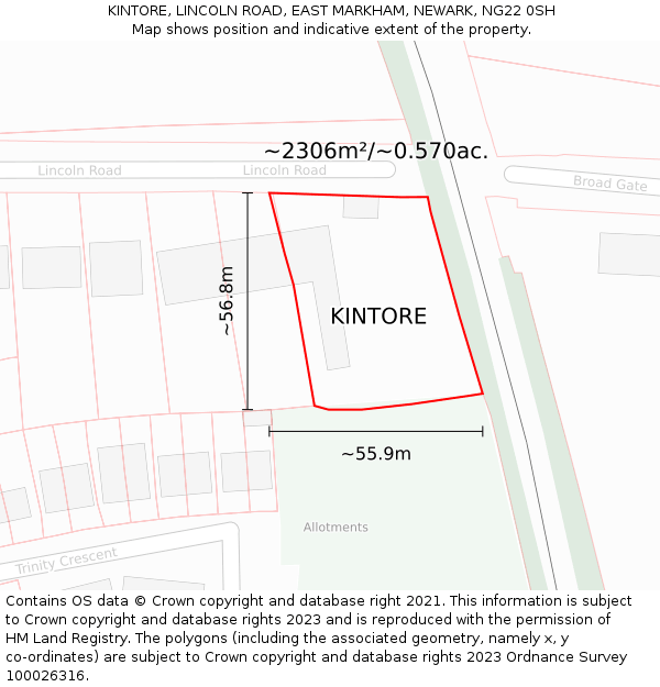 KINTORE, LINCOLN ROAD, EAST MARKHAM, NEWARK, NG22 0SH: Plot and title map