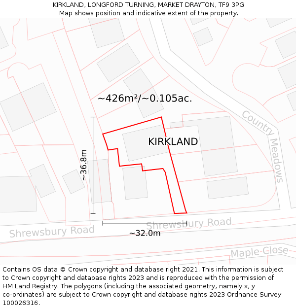 KIRKLAND, LONGFORD TURNING, MARKET DRAYTON, TF9 3PG: Plot and title map