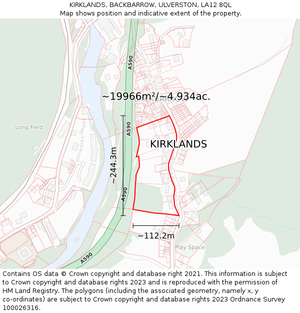 KIRKLANDS, BACKBARROW, ULVERSTON, LA12 8QL: Plot and title map