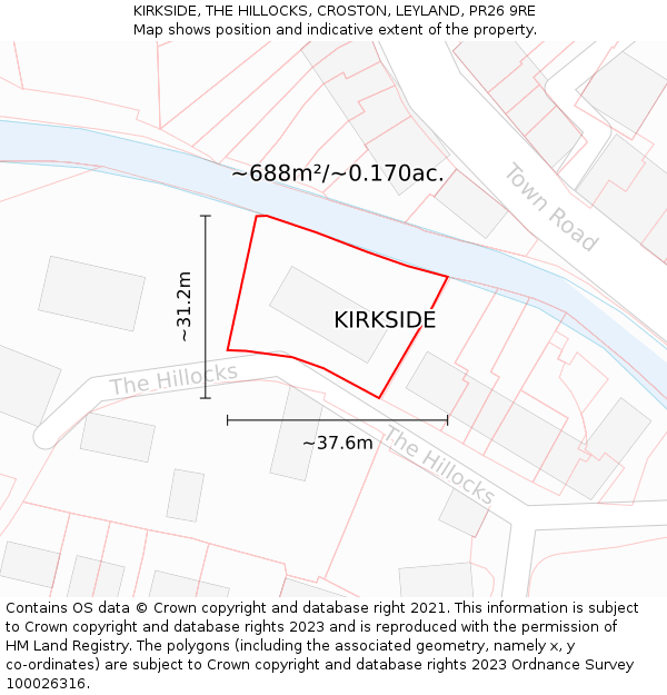 KIRKSIDE, THE HILLOCKS, CROSTON, LEYLAND, PR26 9RE: Plot and title map