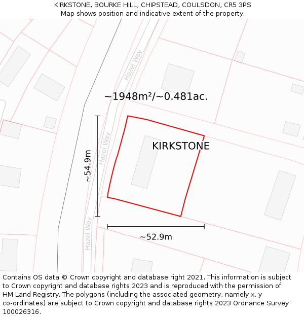 KIRKSTONE, BOURKE HILL, CHIPSTEAD, COULSDON, CR5 3PS: Plot and title map