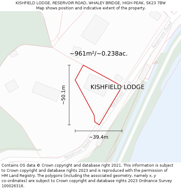 KISHFIELD LODGE, RESERVOIR ROAD, WHALEY BRIDGE, HIGH PEAK, SK23 7BW: Plot and title map