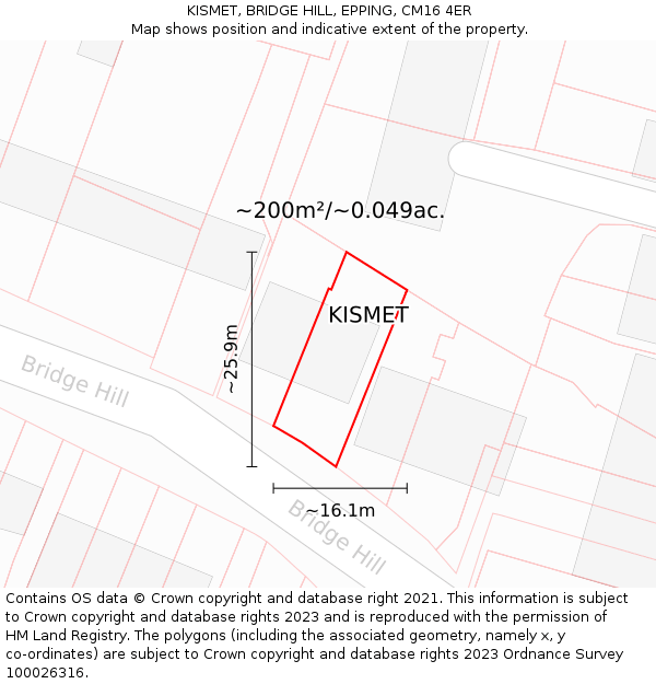 KISMET, BRIDGE HILL, EPPING, CM16 4ER: Plot and title map