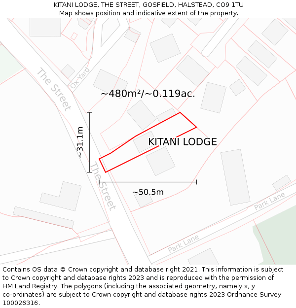 KITANI LODGE, THE STREET, GOSFIELD, HALSTEAD, CO9 1TU: Plot and title map