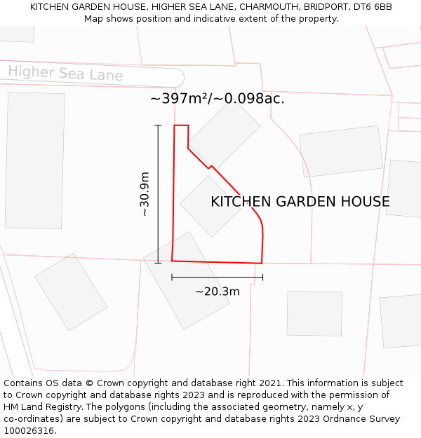 KITCHEN GARDEN HOUSE, HIGHER SEA LANE, CHARMOUTH, BRIDPORT, DT6 6BB: Plot and title map