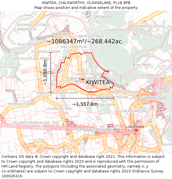 KIWITEA, CHILSWORTHY, GUNNISLAKE, PL18 9PB: Plot and title map