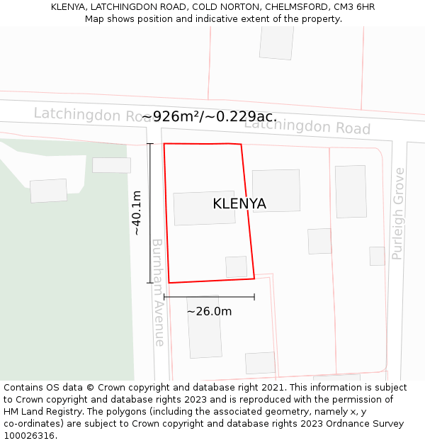 KLENYA, LATCHINGDON ROAD, COLD NORTON, CHELMSFORD, CM3 6HR: Plot and title map